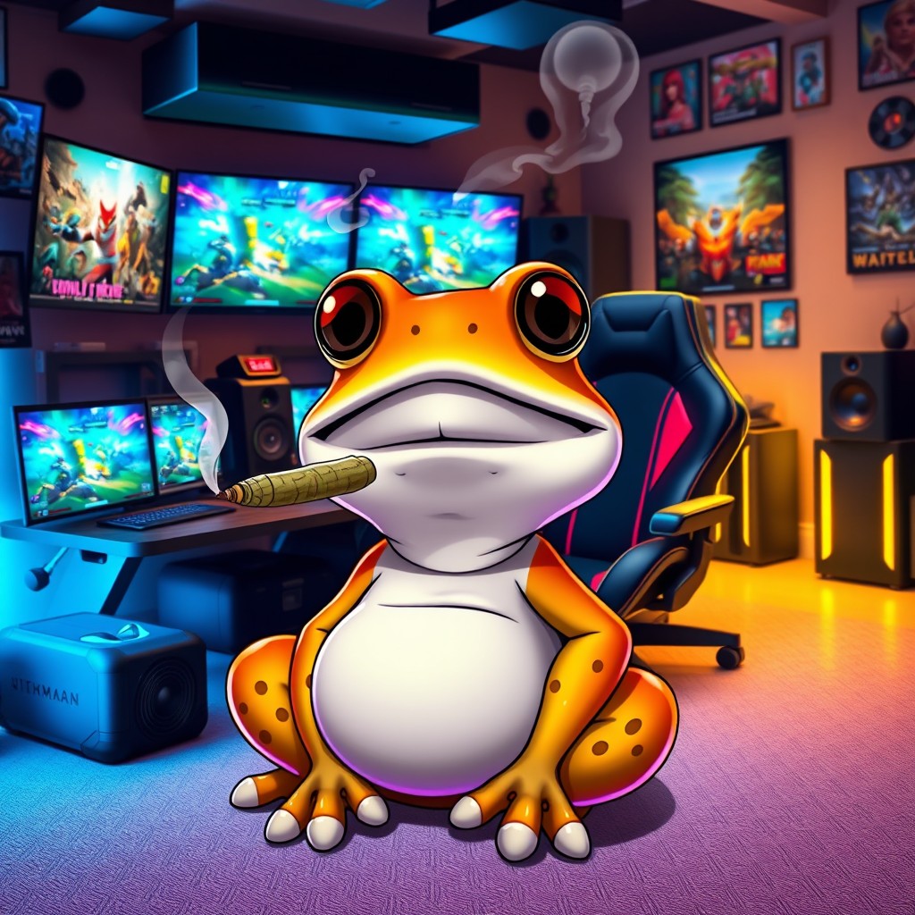A lively digital avatar featuring a cartoon-style toad with a relaxed expression, smoking a joint