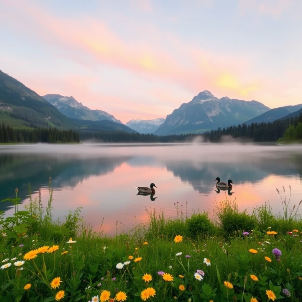 A beautiful, serene landscape during sunrise, featuring majestic mountains in the background, a calm reflective lake in the foreground, surrounded by lush green forests and wildflowers blooming at the lake's edge
