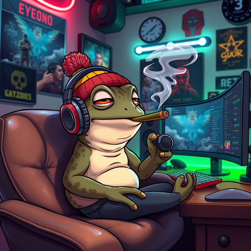 A cartoonish toad with human characteristics, wearing stylish headphones and a colorful beanie, lounging comfortably in a stylish streaming setup