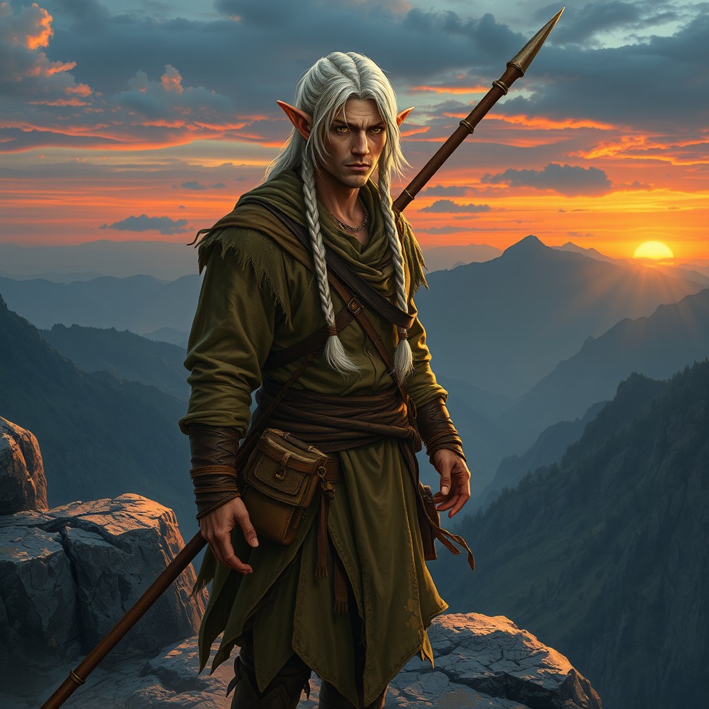 A male wanderer elf with long braided white hair and striking yellow eyes, dressed in a weathered, rugged tunic that reflects his travels and adventures