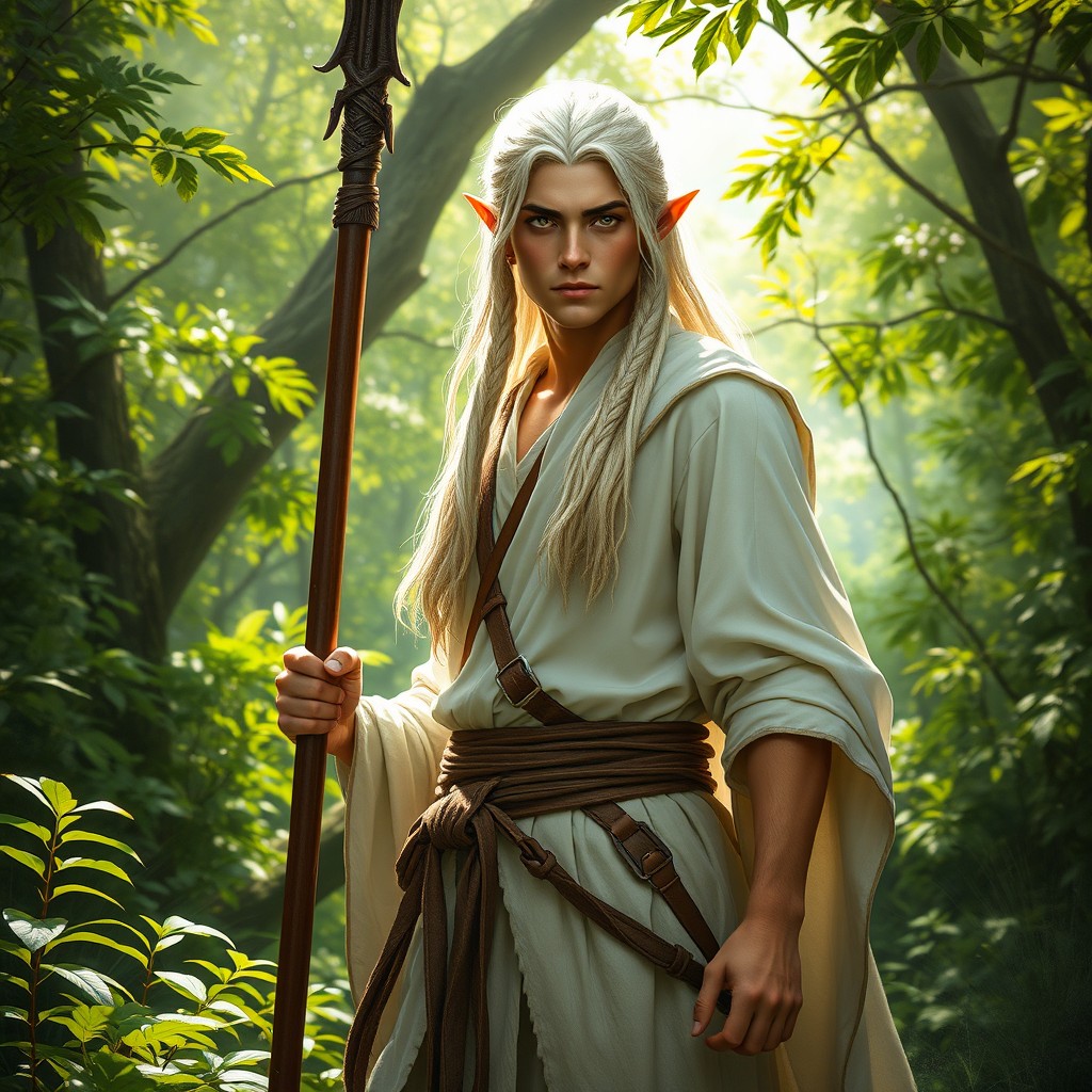 A male wanderer elf with long braided white hair and piercing yellow eyes, dressed in a flowing white tunic that blends harmoniously with the natural surroundings