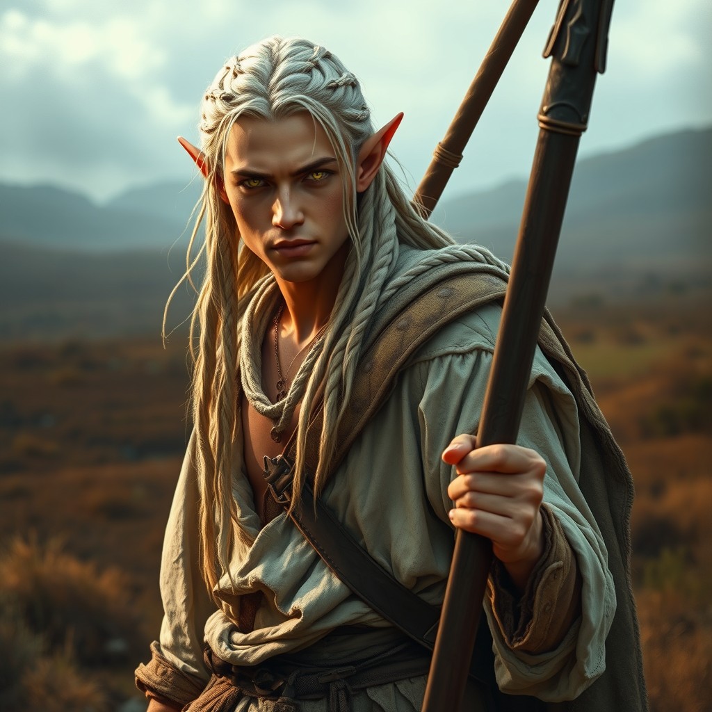 A male wanderer elf with long braided white hair and captivating yellow eyes, dressed in a dirty white tunic that tells stories of his travels and adventures