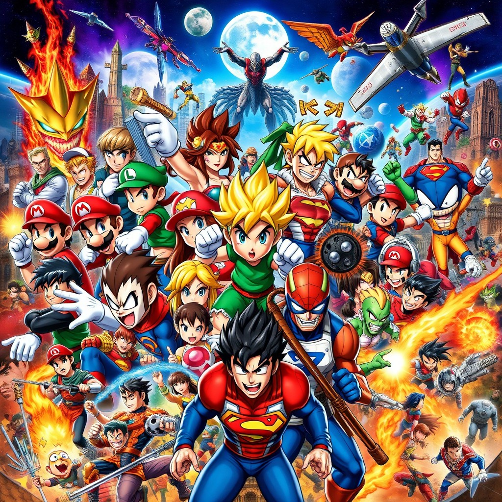 A dynamic and vibrant collage featuring an array of iconic video game heroes such as Mario, Link, and Lara Croft, alongside anime heroes like Goku and Naruto, and iconic Marvel characters like Spider-Man and Iron Man