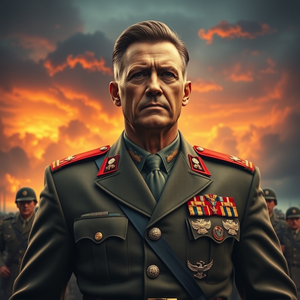 An imposing military commander with a charismatic presence, wearing a tailored uniform adorned with medals, leading a squad of resolute soldiers in a dramatic battlefield scene
