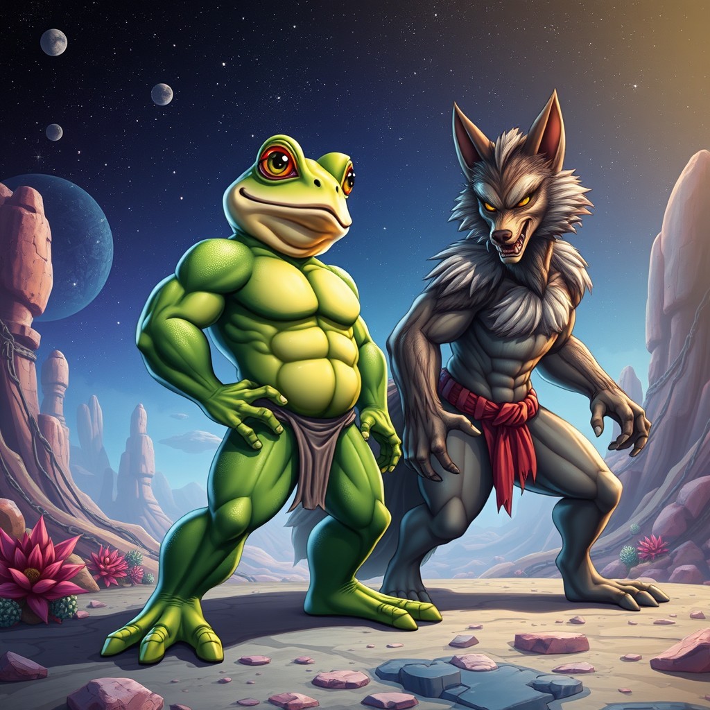 A super toad with human characteristics, depicted as muscular and agile, stands confidently in a battle stance, showcasing a mix of amphibian features like vibrant green skin and large eyes, while also displaying human-like traits such as expressive eyebrows and a smirk