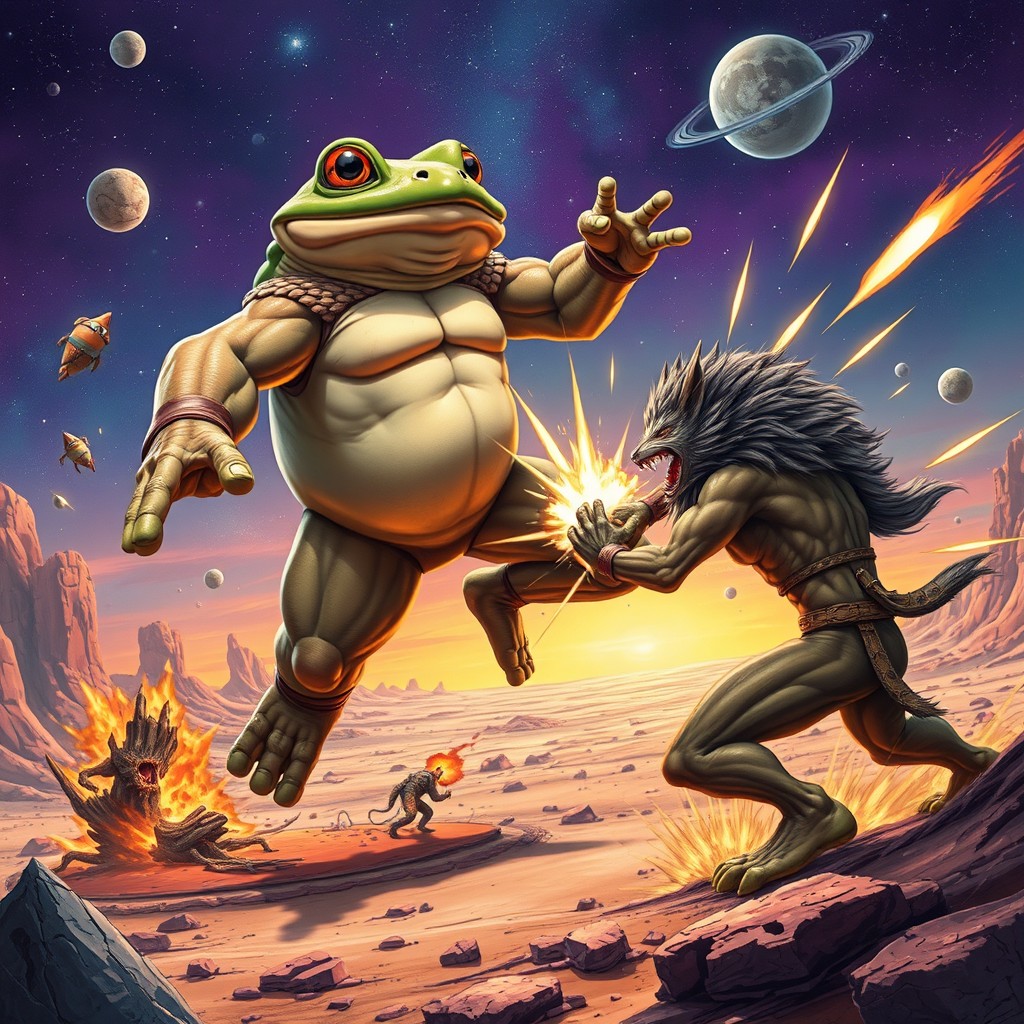 An epic battle scene featuring a super toad with human characteristics, such as muscular limbs and a determined expression, clashing with his arch enemy, a fierce wolf boy with sharp fangs and a wild mane