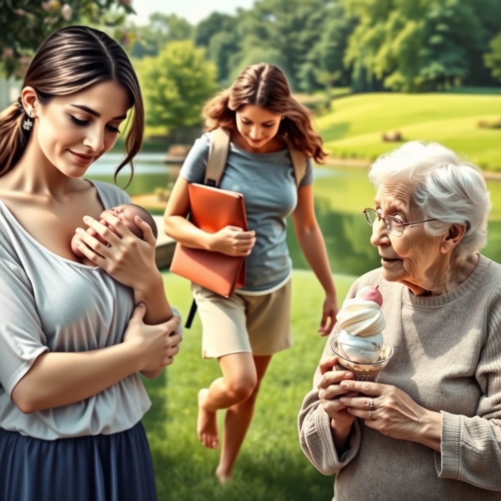 A realistic image depicting three stages of life: on the left, a young, beautiful mother breastfeeding her baby in front of a lush garden with a serene lake; in the center, the mother, now grown up, is accompanying her child to school; on the right, the elderly mother is enjoying ice cream with her son, who gazes at her with loving eyes, creating a heartwarming scene that captures the essence of family and love across different life stages