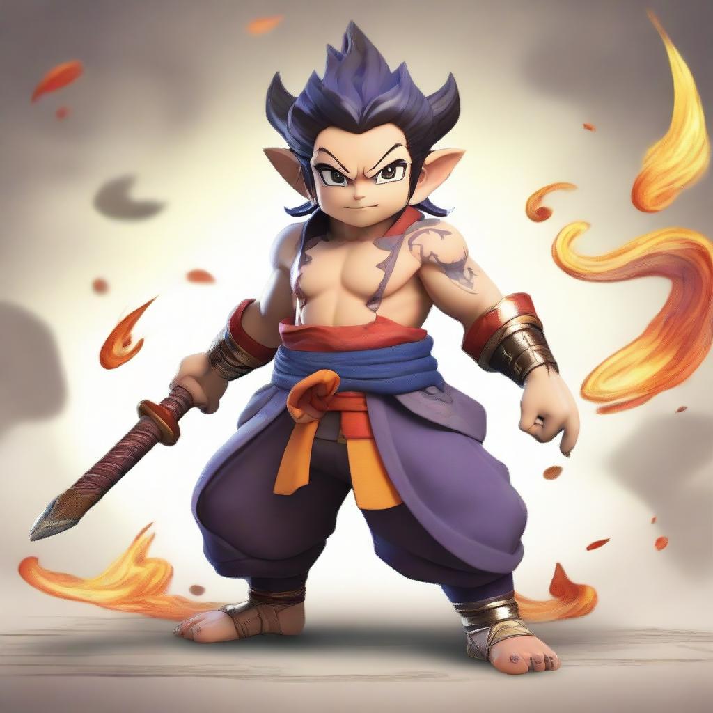 Create a picture of Sakuna, a fierce and imposing character, in his full glory. Portray him with an intimidating yet awe-inspiring look, highlighting his unique features and details that mark him as a formidable entity