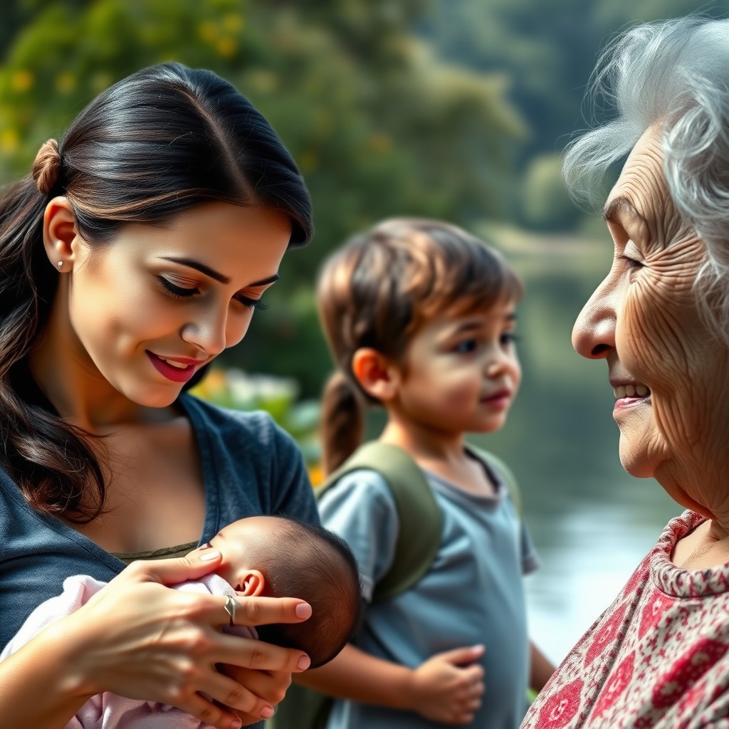 A realistic image depicting a beautiful young mother breastfeeding her baby on the left side, set against a serene garden background with a tranquil lake