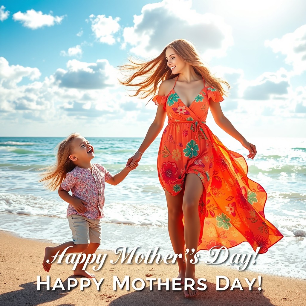 A beautiful scene for Mother's Day featuring a stunning mother holding her child's hand, with a picturesque seaside background