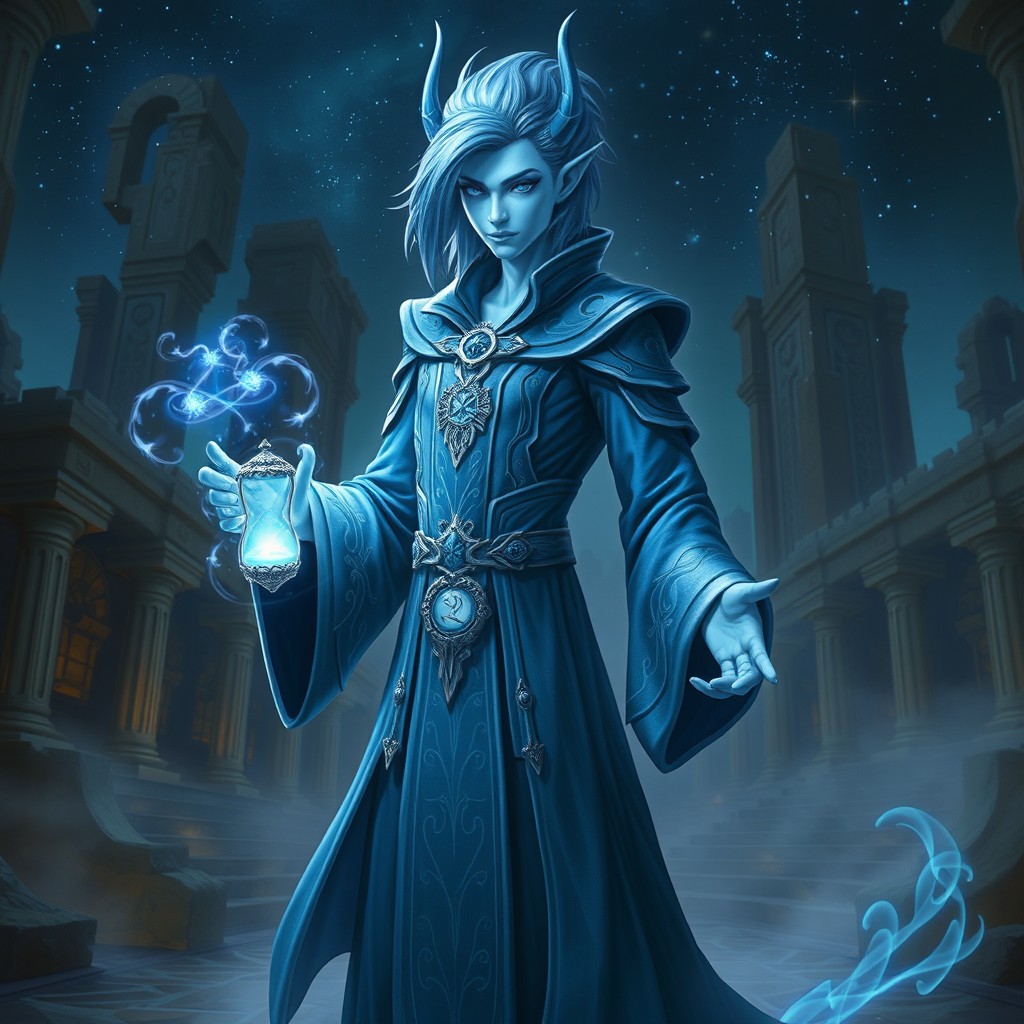 A majestic Vedalken Chronurgy Wizard standing confidently in a mystical environment