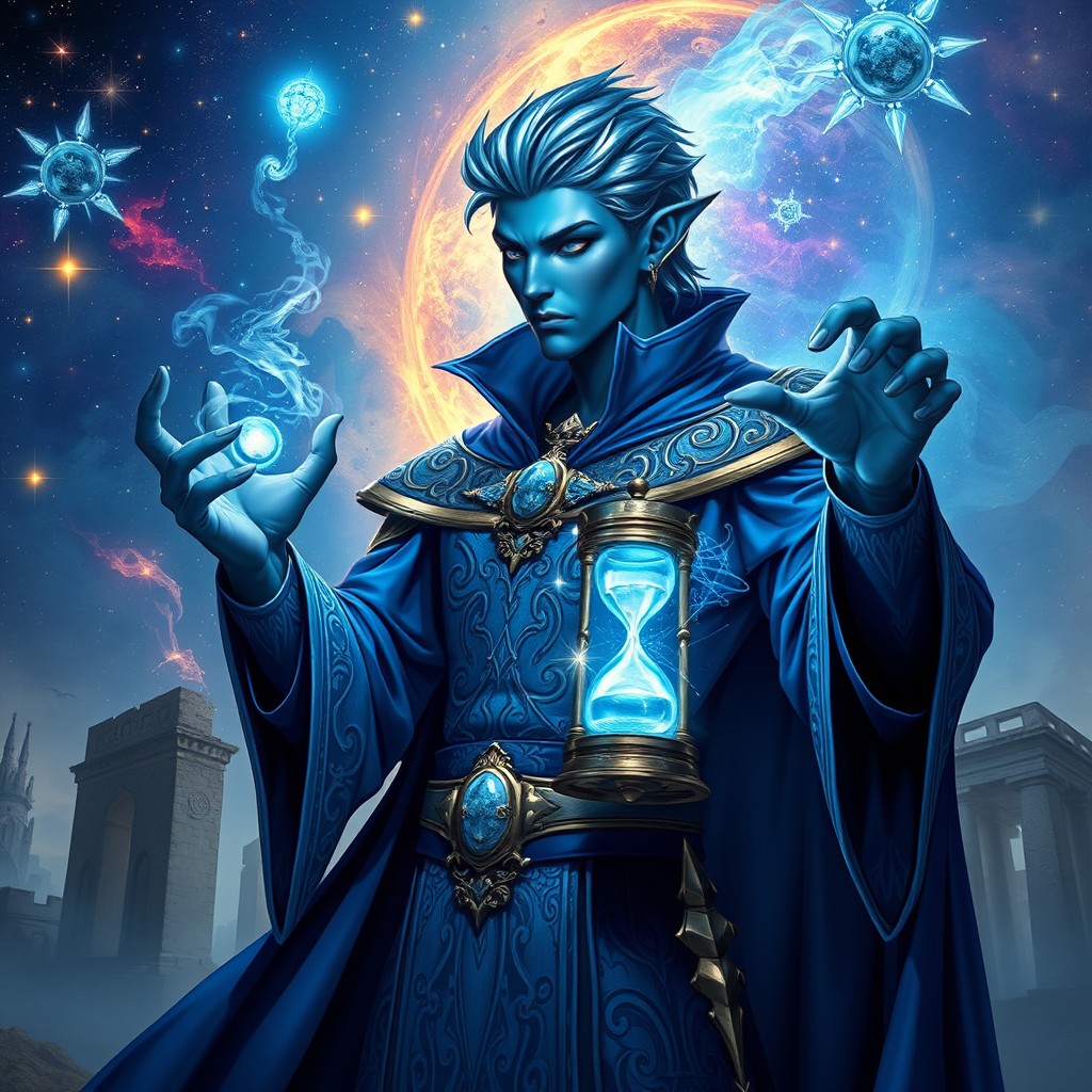 A powerful male Vedalken Chronurgy Wizard portrayed in an enchanting setting
