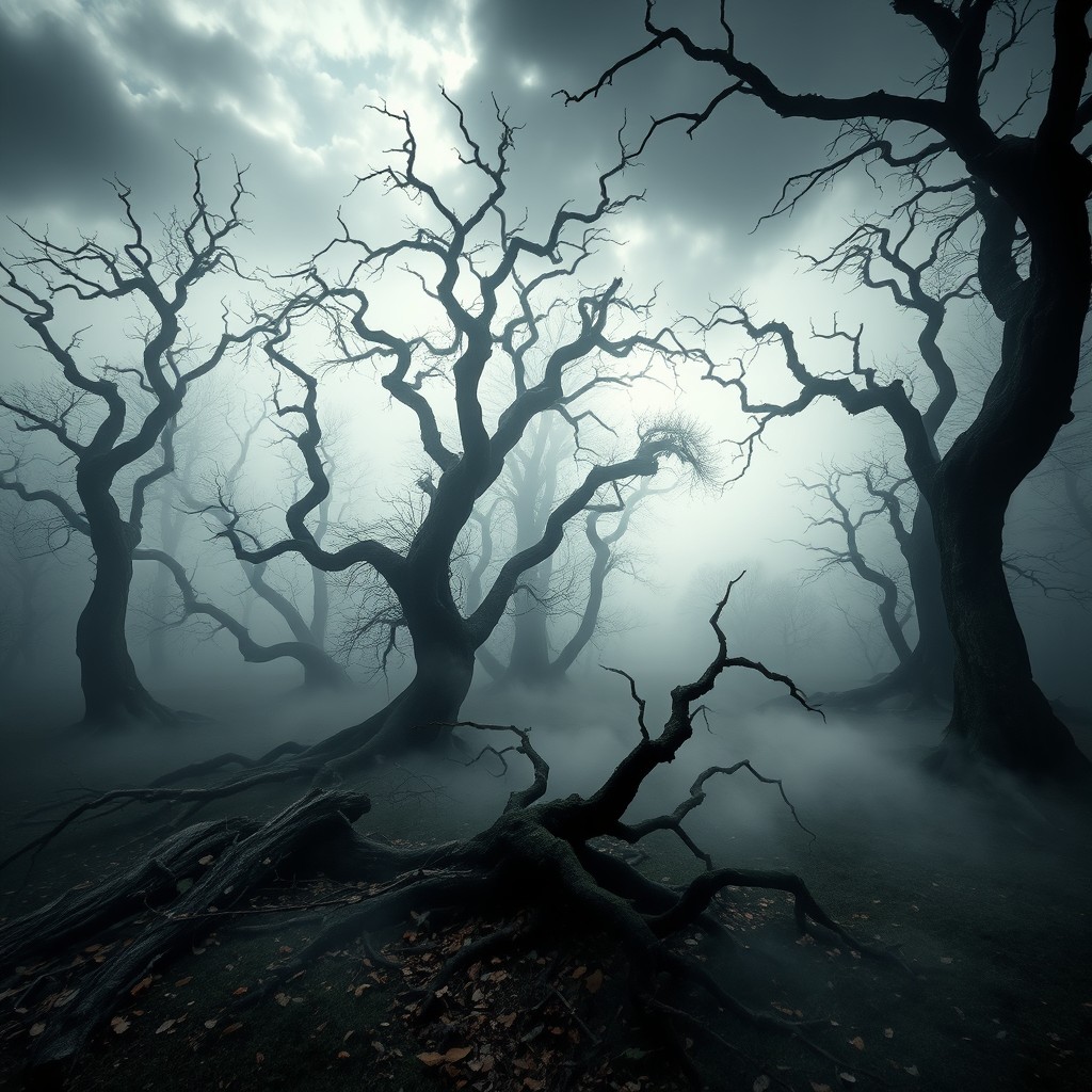 A hauntingly beautiful forest scene enveloped in mist, where twisted trees rise ominously from the ground