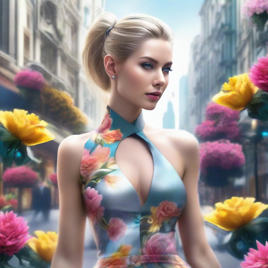 Photorealistic depiction of a stunning blonde woman with a ponytail, dressed in luxurious attire, walking on a city street lavishly decorated with vibrant flowers, in a futuristic city.