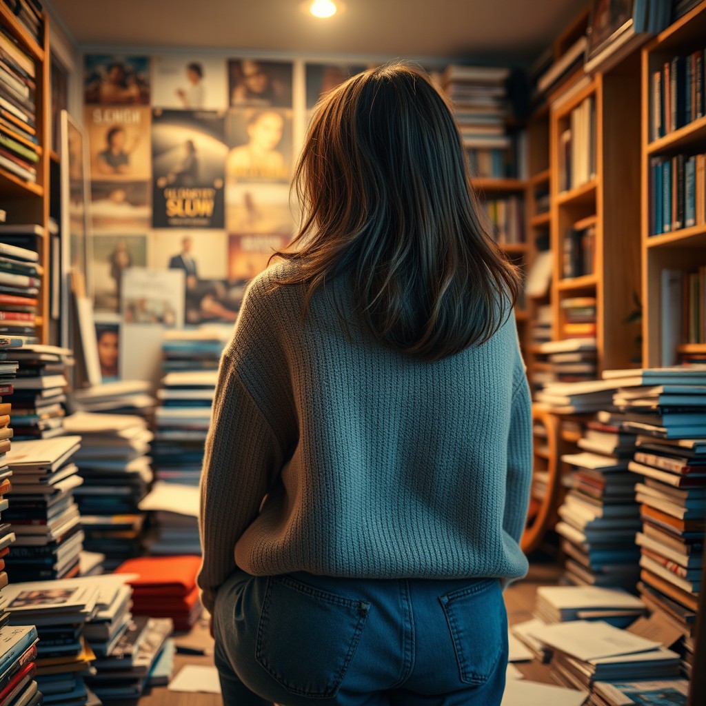 A girl with medium-length hair is seen from the back, slouching comfortably in a cluttered film club room