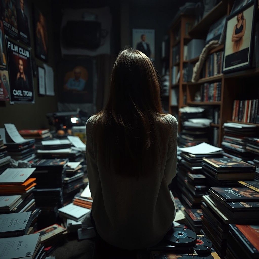 A slim girl with long hair is seen from the back, slouched comfortably among a disarray of DVDs and scattered papers in a dark film club room