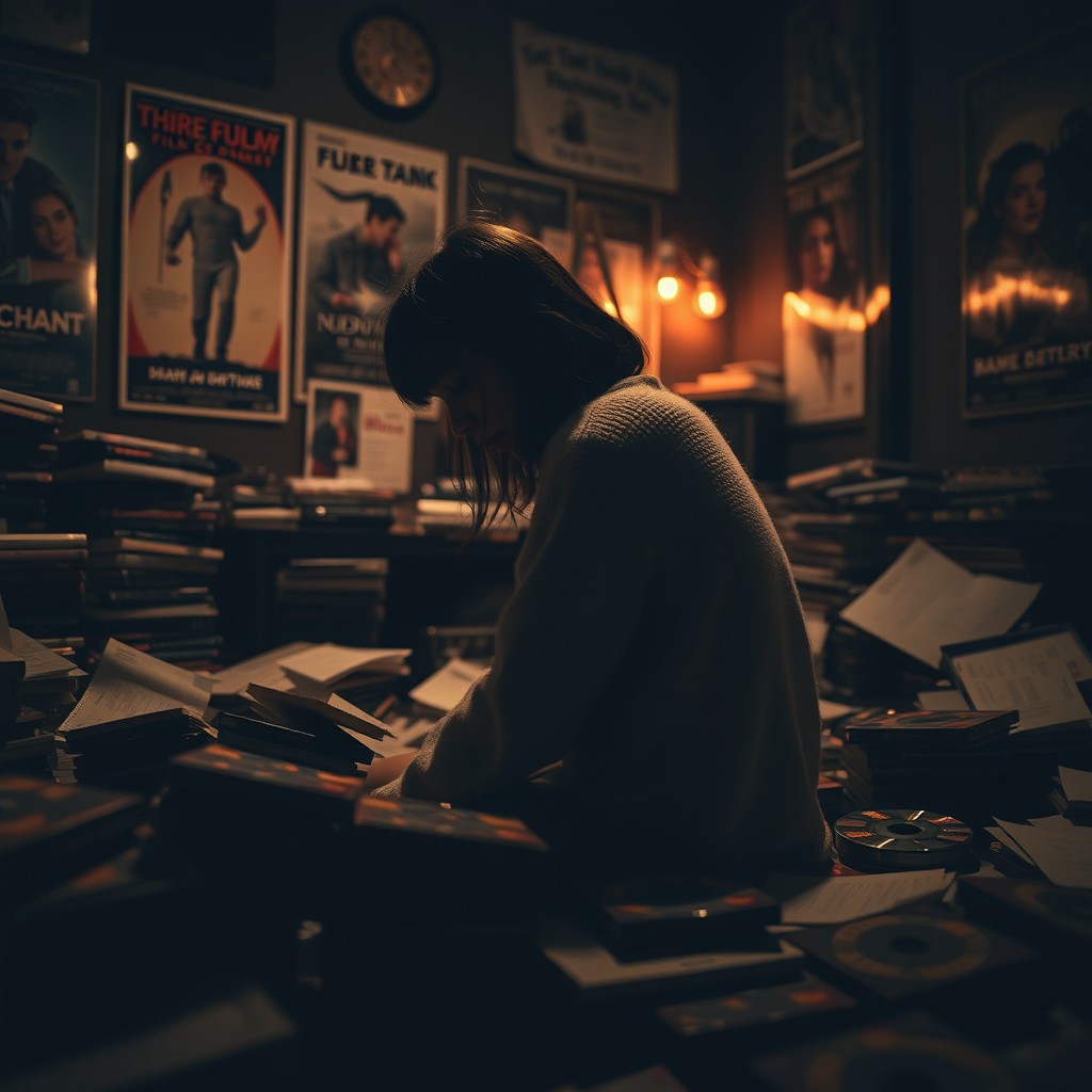 A slim girl is captured in a slightly side view, her face not visible as her head is bowed while slouching among a chaotic mix of DVDs and papers in a dark film club room