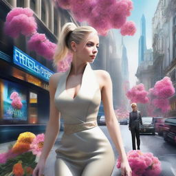 Photorealistic depiction of a stunning blonde woman with a ponytail, dressed in luxurious attire, walking on a city street lavishly decorated with vibrant flowers, in a futuristic city.