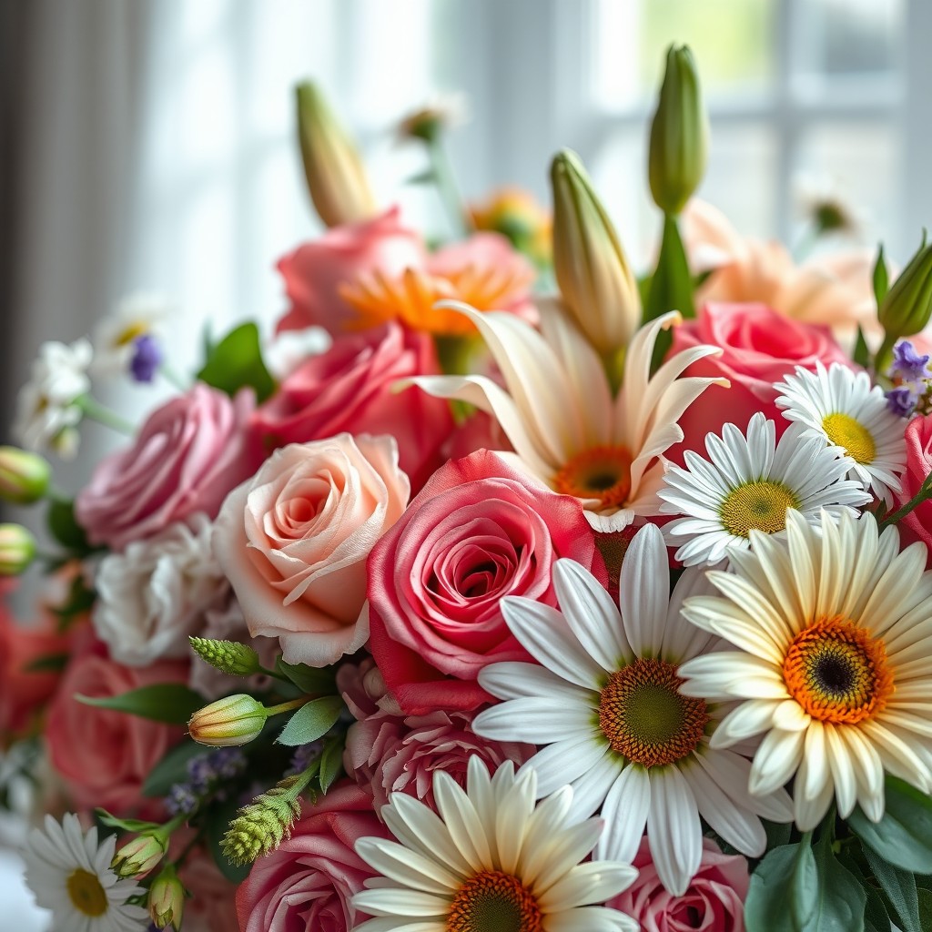 An artistic close-up of a beautifully arranged floral still life, showcasing an array of vibrant flowers including roses, lilies, and daisies