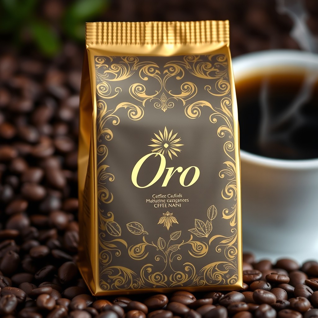 A luxurious coffee packaging design featuring a rich golden color palette