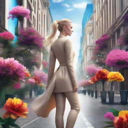 Photorealistic depiction of a stunning blonde woman with a ponytail, dressed in luxurious attire, walking on a city street lavishly decorated with vibrant flowers, in a futuristic city.