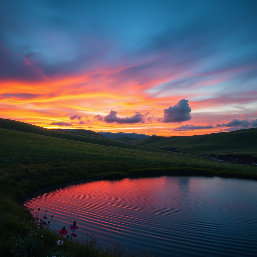 A serene landscape at sunset, featuring rolling hills with lush green grass, a vibrant sky filled with hues of orange, pink, and purple as the sun sets on the horizon