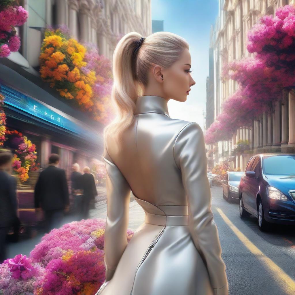 Photorealistic depiction of a stunning blonde woman with a ponytail, dressed in luxurious attire, walking on a city street lavishly decorated with vibrant flowers, in a futuristic city.