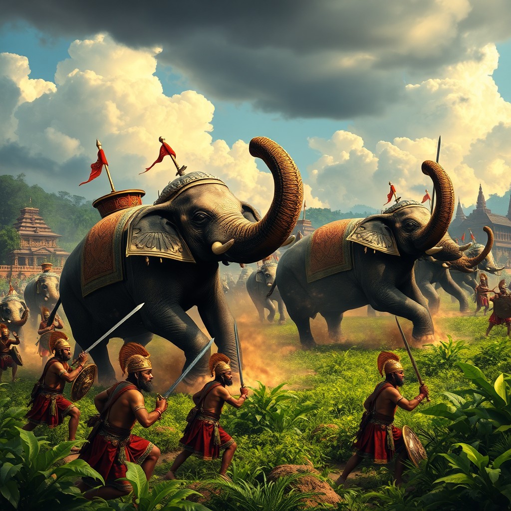 A historical scene capturing a fierce battle between Sri Lankan elephants during the reign of King Dutugemunu