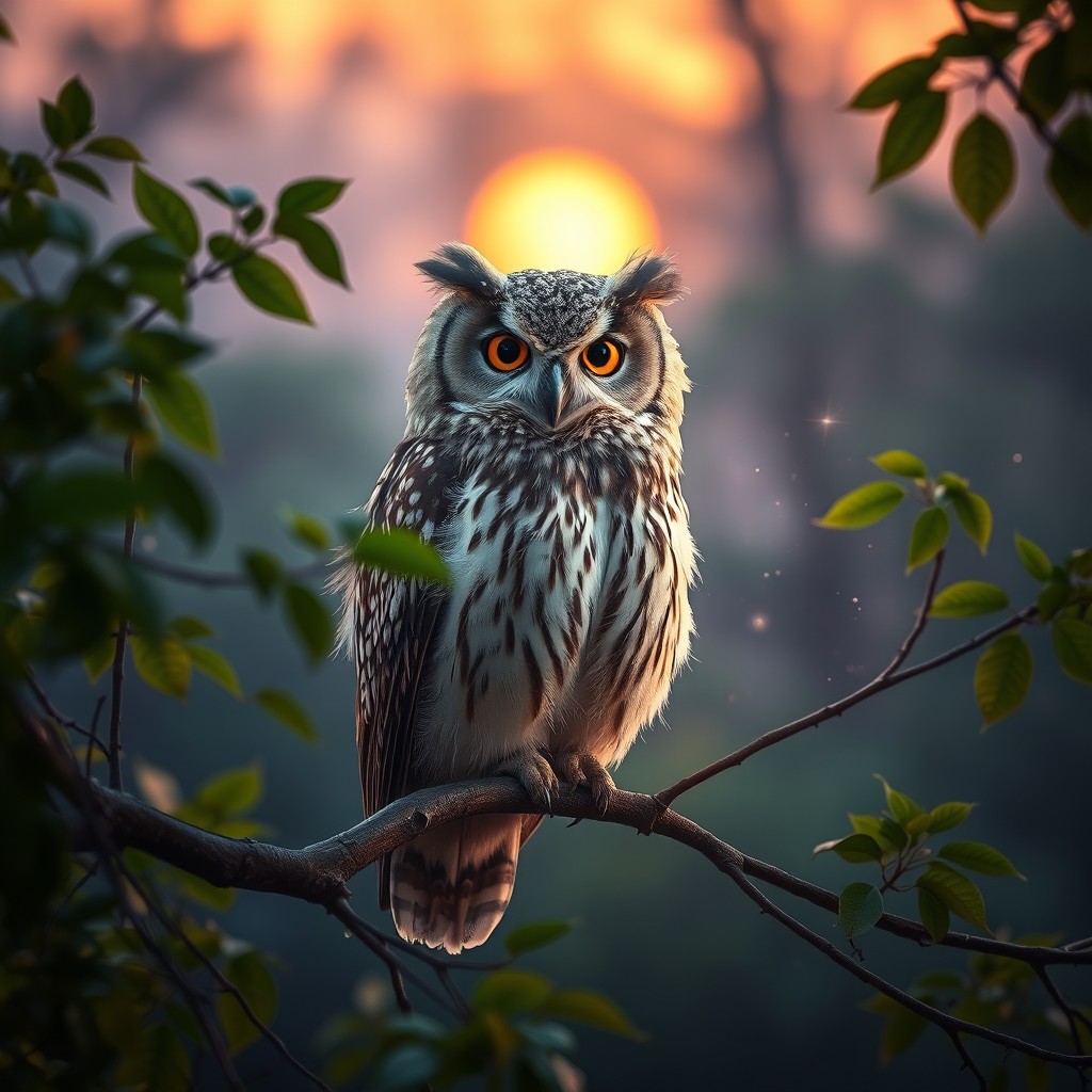A majestic owl perched on a tree branch during twilight, surrounded by a mystical forest scene