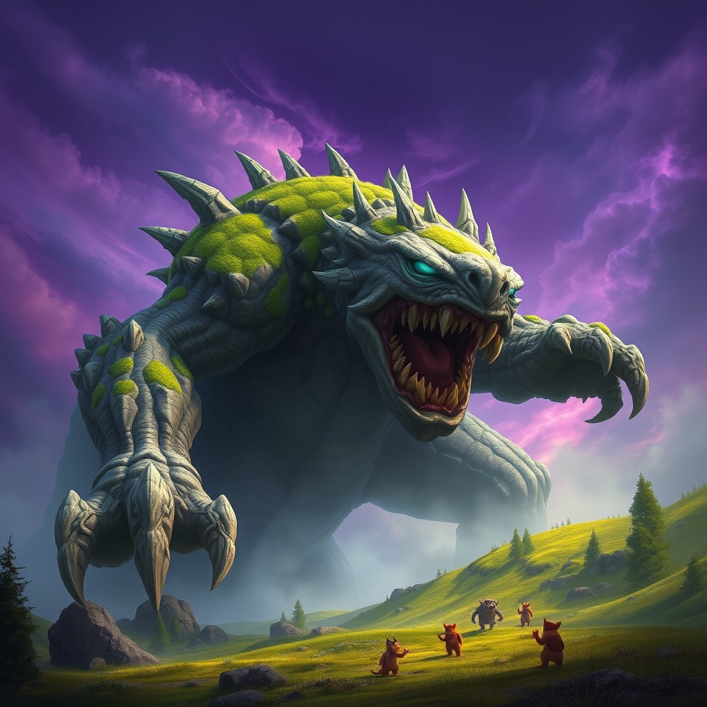 A gigantic, fantastical monster towering over a lush, green landscape, its skin textured like rugged rock, with vibrant green moss clinging to its shoulders