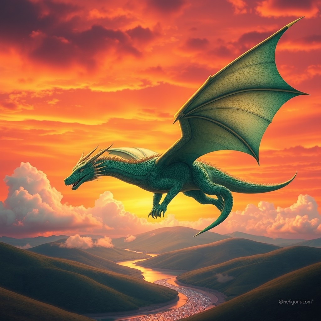 A majestic dragon soaring through a vibrant sunset sky, with fiery orange and pink hues blending beautifully in the background