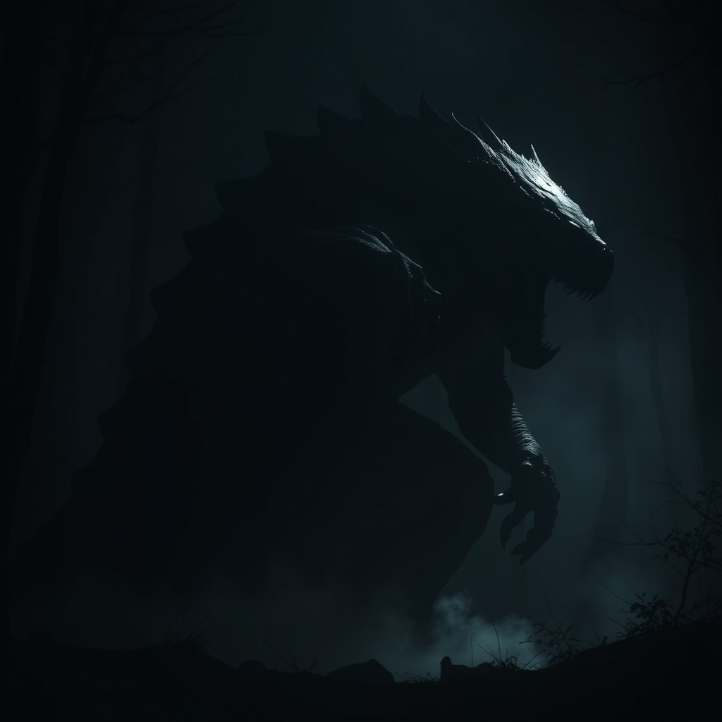 A gigantic monster lurking in darkness, its massive silhouette casting a shadow on the ground