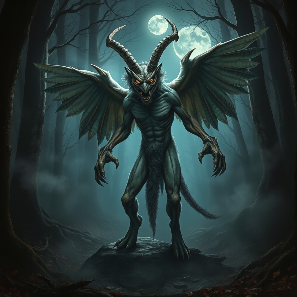 A creature with a human body, featuring a demon's head, tiger's claws, goat's legs, and owl wings
