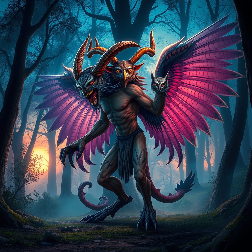 A fantastical creature with a human body, featuring the head of a demon with sharp horns, the head of a goat, and the head of an owl