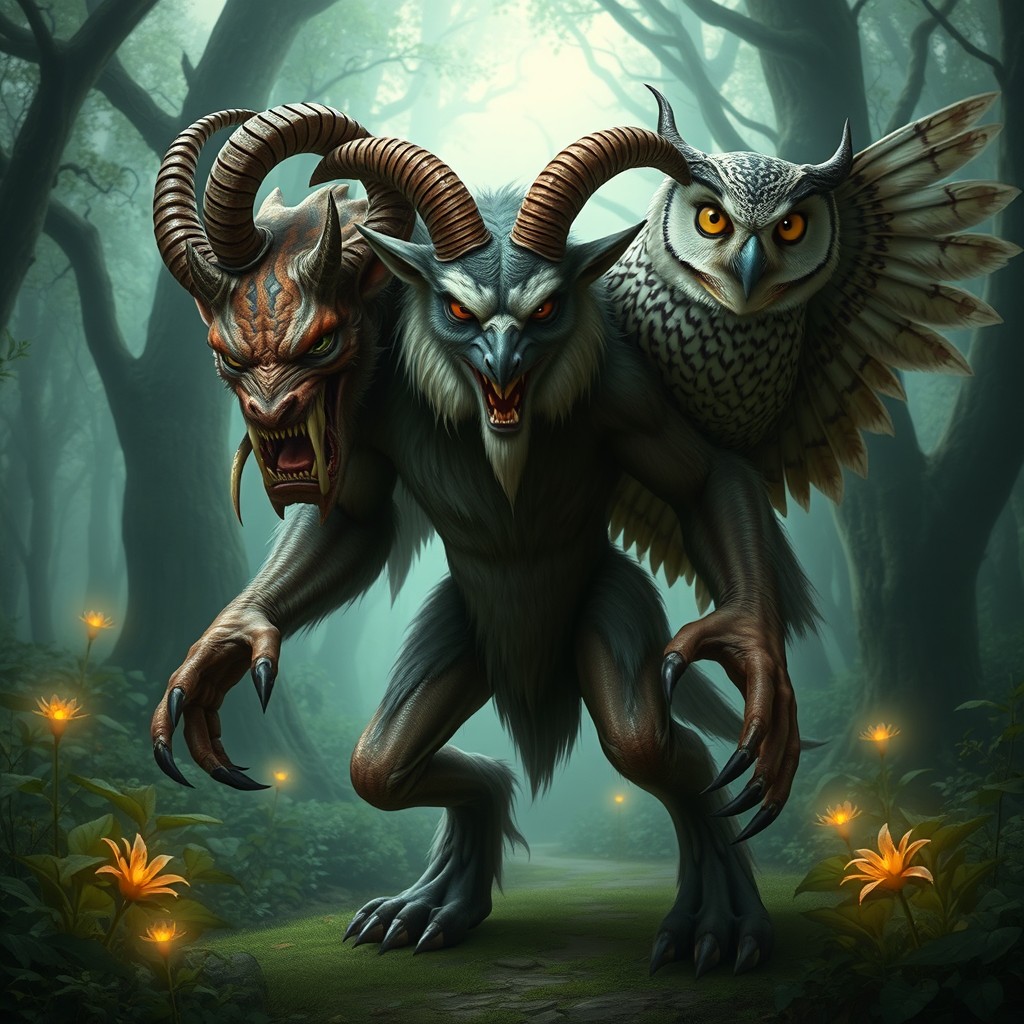 A human-like monster with three heads: one resembling a demon, the second a goat, and the third an owl