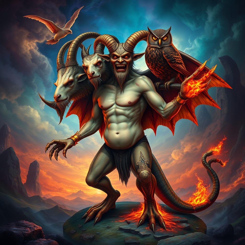 A surreal monster with a human body and three heads: one resembling a goat, the second a human face, and the third an owl