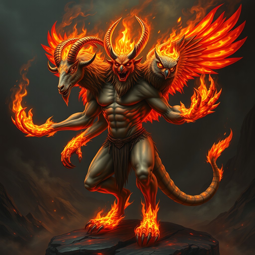 A monstrous creature with a human body possessing three heads: one of a goat, the second of a human, and the third of an owl