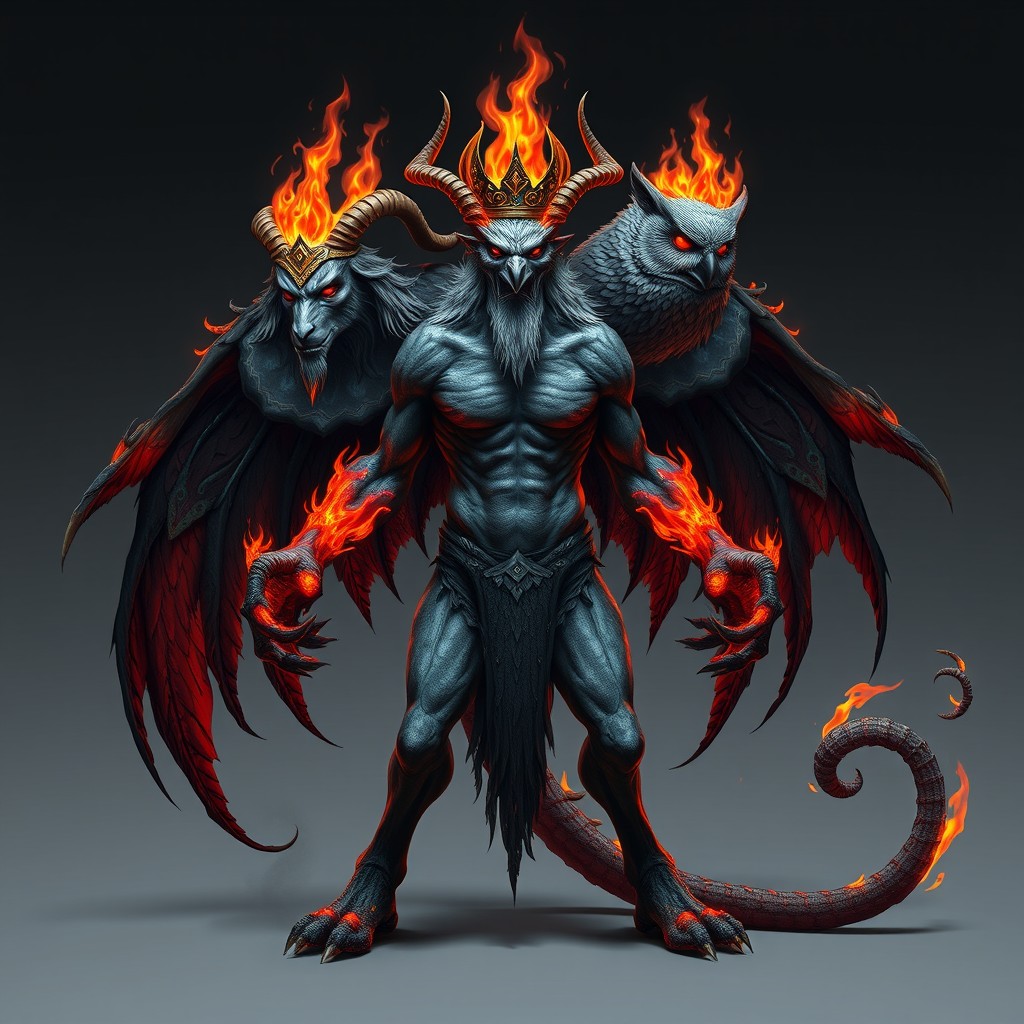 A monstrous creature with a human body and three heads: one resembling a goat, the second a human, and the third an owl