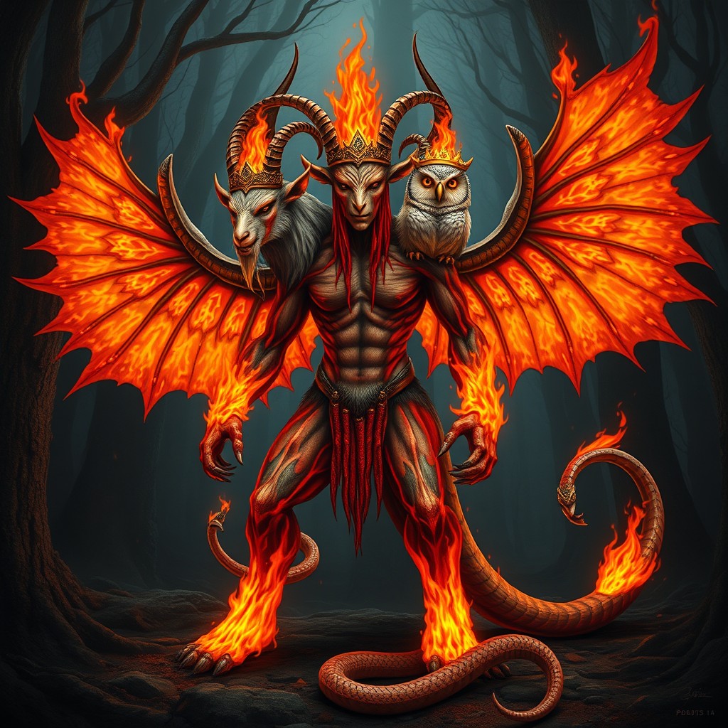 A creative and mythical creature featuring a humanoid body with three heads: one resembling a goat, another resembling a human, and the third an owl