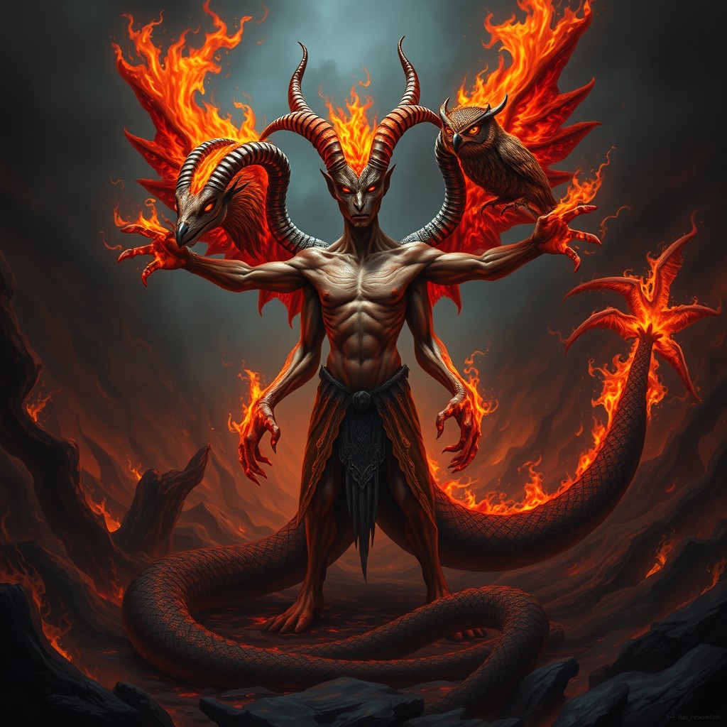 A monstrous creature with a human body and three heads: one resembling a goat, the second a human, and the third an owl