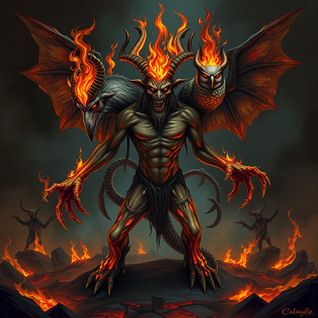 A monstrous creature with a human body and three heads: one resembling a goat, the second a human, and the third an owl