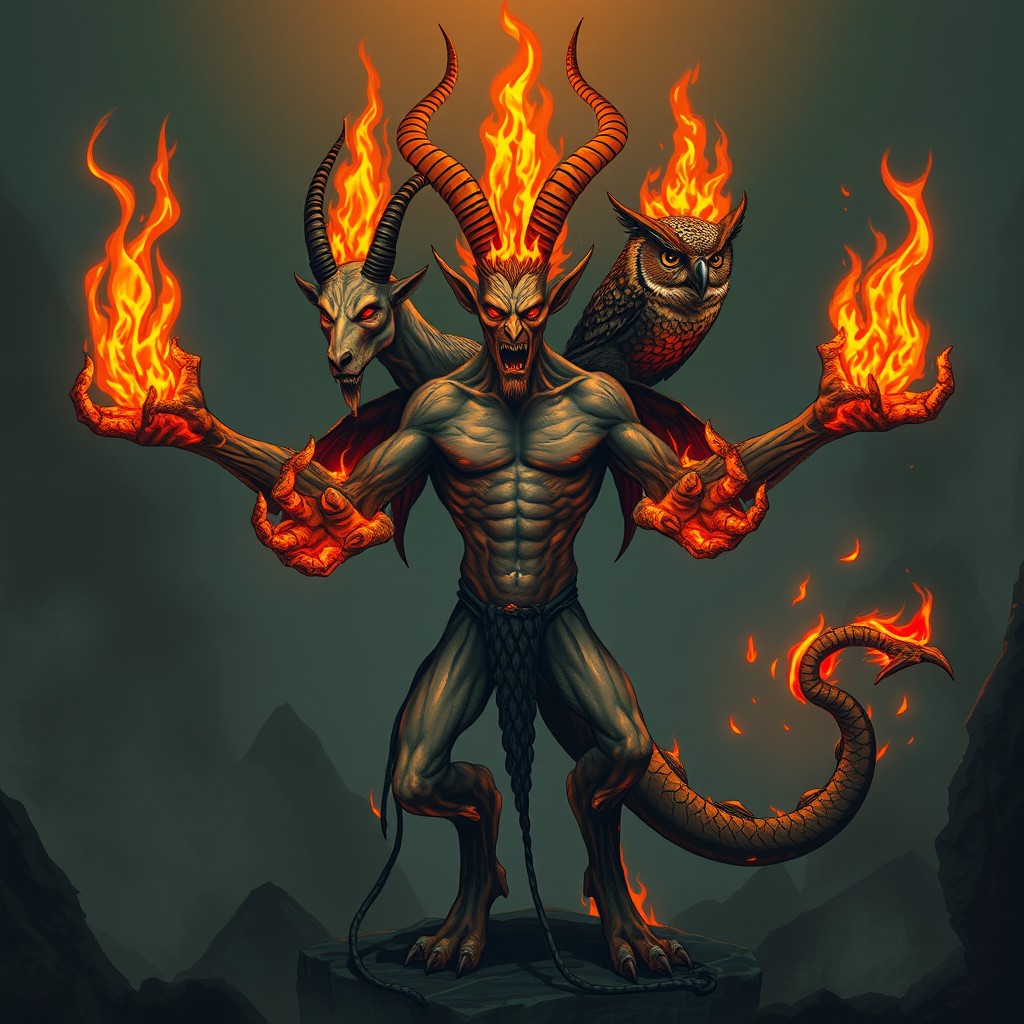 A monstrous creature in hell with a human body and three heads: one resembling a goat, another a human, and the third an owl
