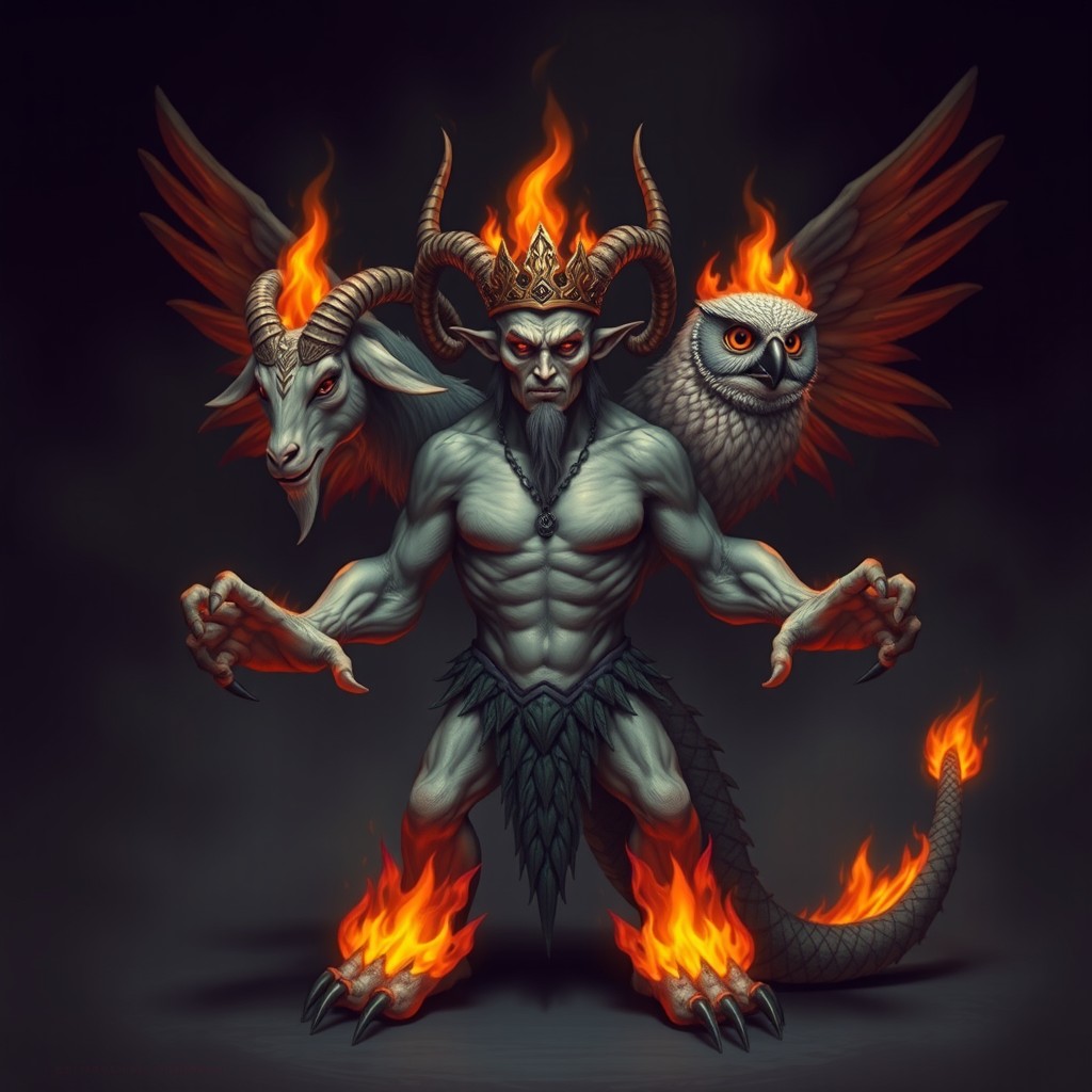 A monstrous creature with a human body featuring three heads: one of a goat, one of a human, and one of an owl