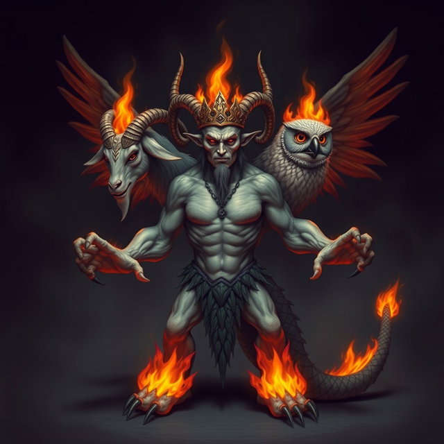 A monstrous creature with a human body featuring three heads: one of a goat, one of a human, and one of an owl