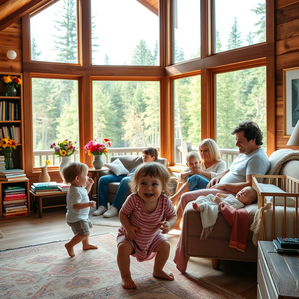 A spacious cozy cabin interior filled with natural light, featuring large windows that showcase a beautiful forest view