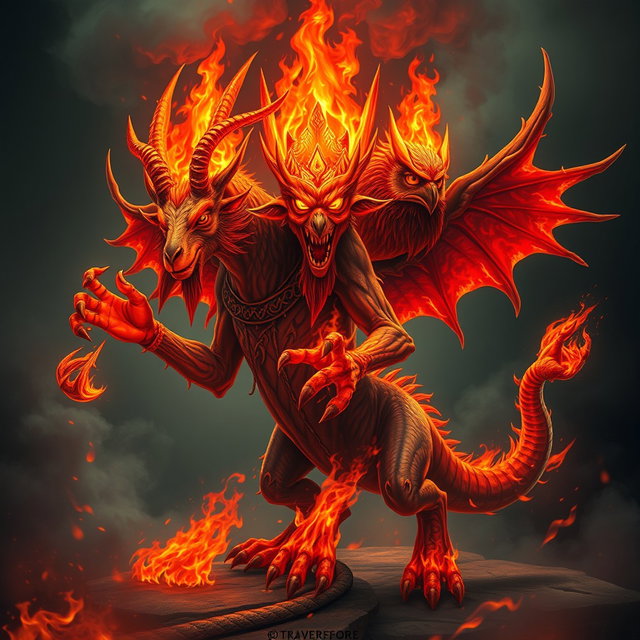 A legendary fire monster with three heads: one resembling a goat, the second a human, and the third an owl