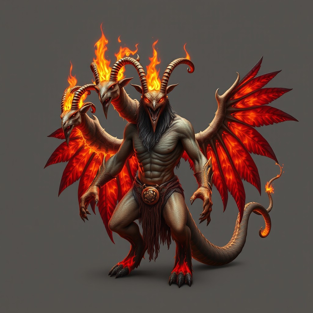 A monstrous creature with a human body, featuring three heads: one resembling a goat, the second a human, and the third an owl