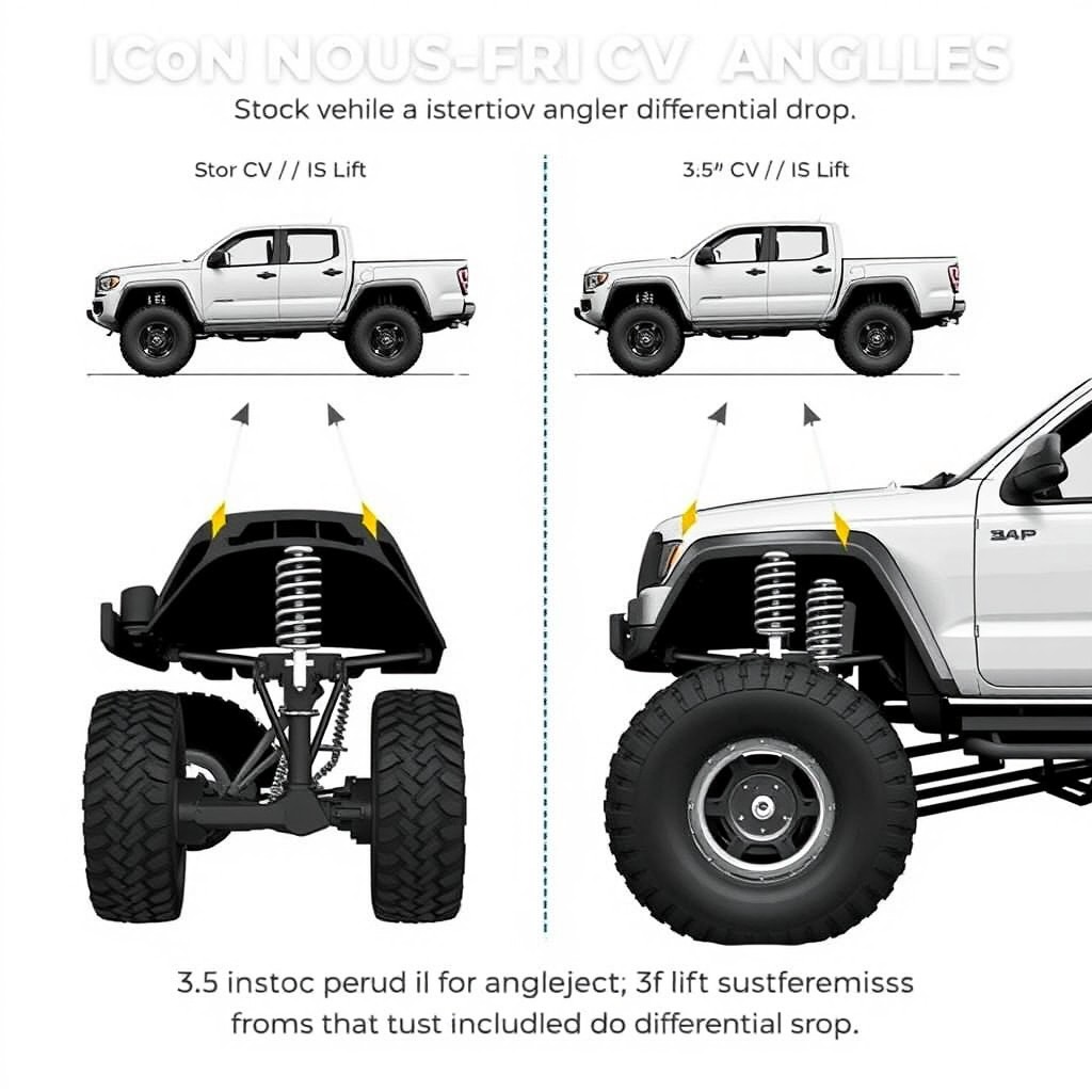 A detailed illustration comparing CV angles of a stock vehicle versus a lifted vehicle featuring a 3