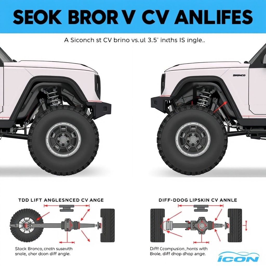A detailed illustration comparing the CV angles of a stock Bronco versus a 3