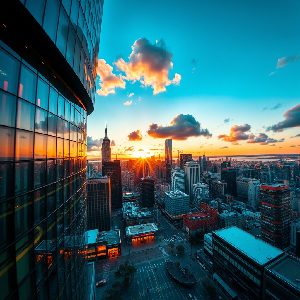 A dynamic scene of a vibrant city skyline during sunset, showcasing the transition from a close-up view to a zoomed-out aerial perspective